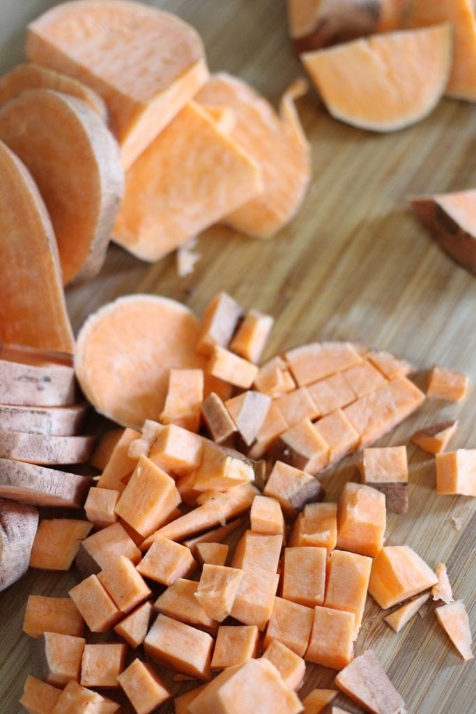 Diced sweet potatoes for Sweet Potato and Sausage Hash