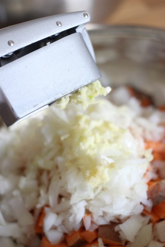 Minced garlic for Sweet Potato and Sausage Hash