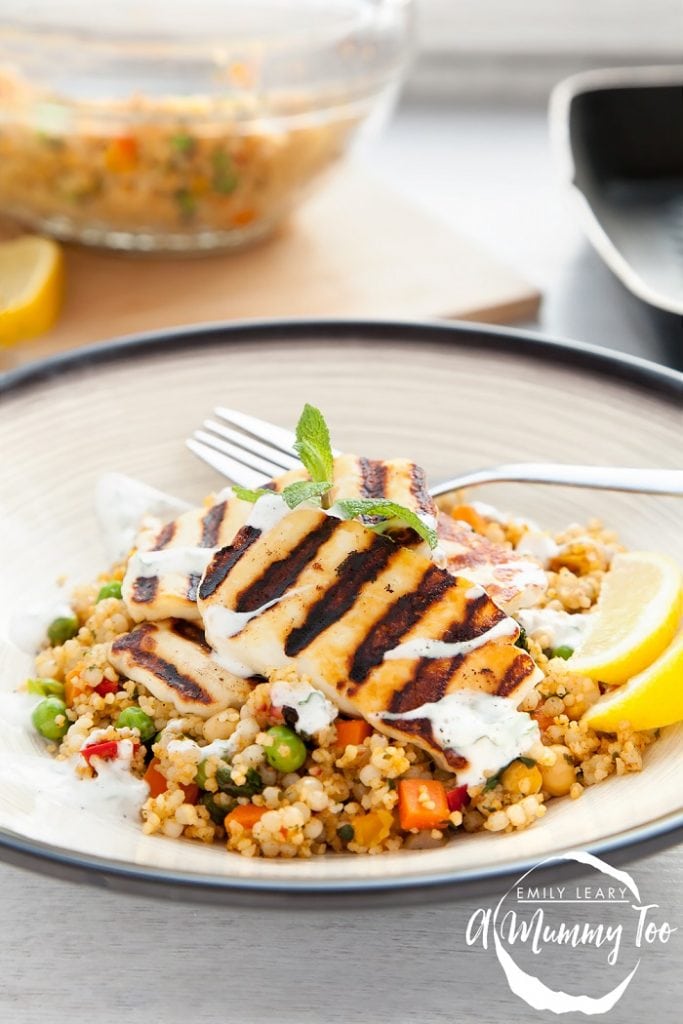 Grilled Halloumi Vegetable Couscous with a Yogurt Mint Dressing