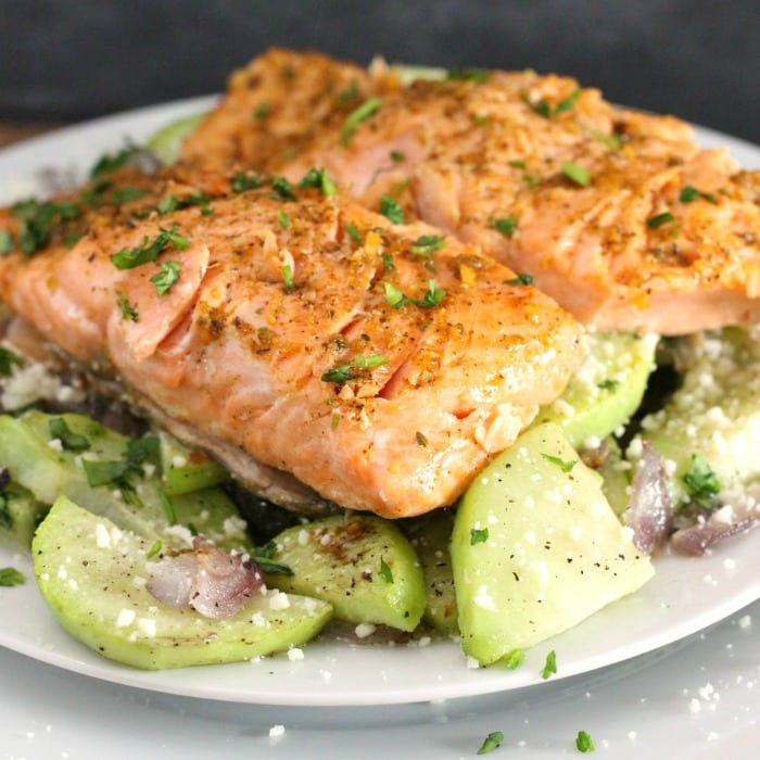  Chili-Lime Steelhead Trout Recipe with roasted chayotes, red onions, and mojo de ajo
