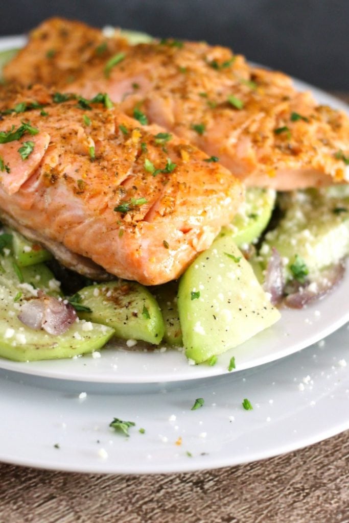  Chili-Lime Steelhead Trout Recipe with roasted chayotes, red onions, and mojo de ajo