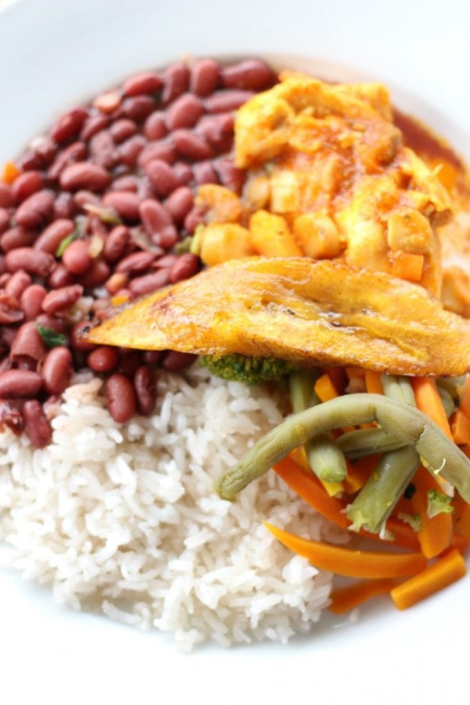 Arroz con pollo with red beans and plantains in Costa Rica