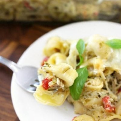 cheesy tortellini pesto chicken casserole