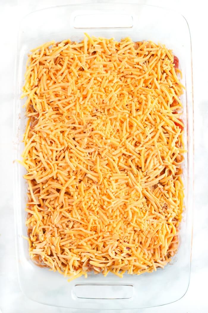SLOPPY JOE CASSEROLE TOPPED WITH CHEESE