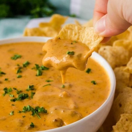 CHILI CHEESE DIP WITH TORTILLA CHIPS