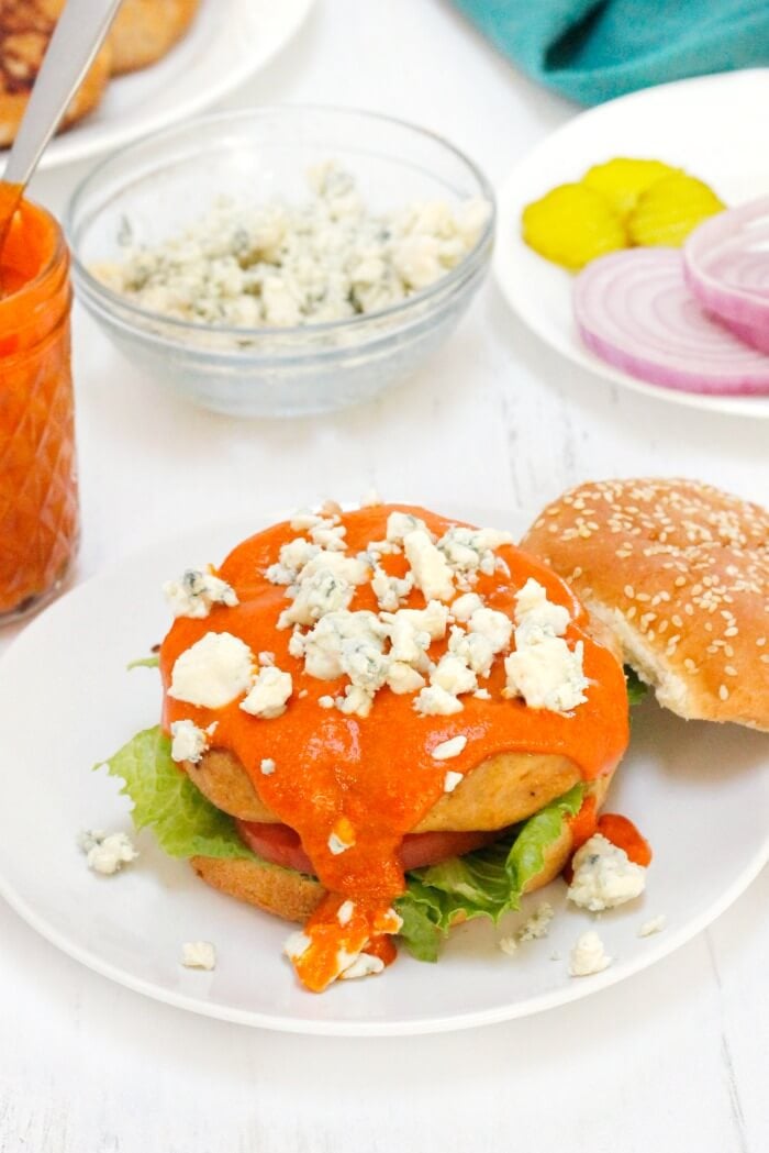 BUFFALO CHICKEN BURGER WITH BLUE CHEESE CRUMBLES