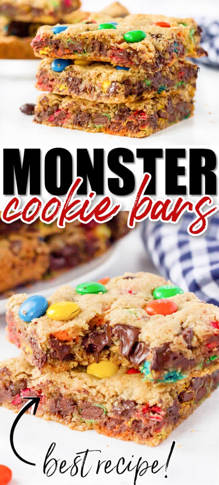Monster cookie bars are ooey gooey peanut butter, oatmeal, and M&M filled dessert bars that are bound to put a smile on your face! EASY MONSTER COOKIE BARS RECIPE