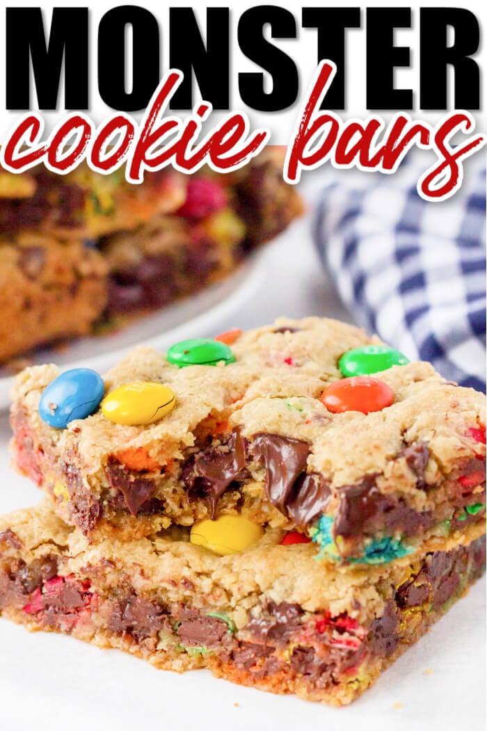 Monster cookie bars are ooey gooey peanut butter, oatmeal, and M&M filled dessert bars that are bound to put a smile on your face! MONSTER COOKIE BAR RECIPE