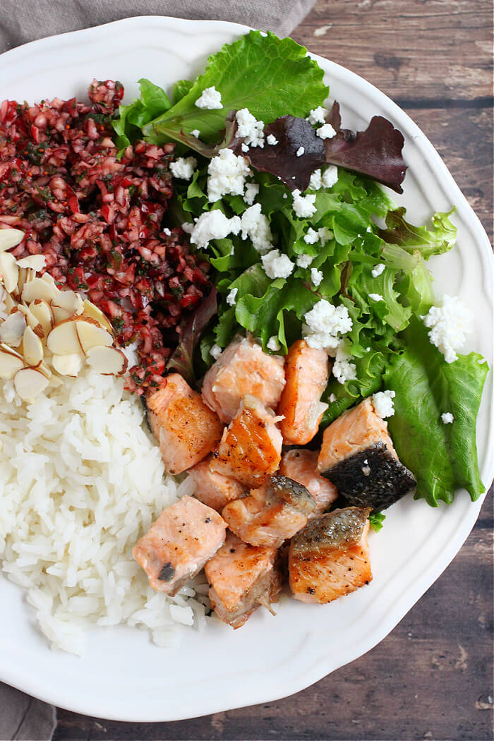 SALMON BOWL WITH CRANBERRY SALSA AND ALMONDS