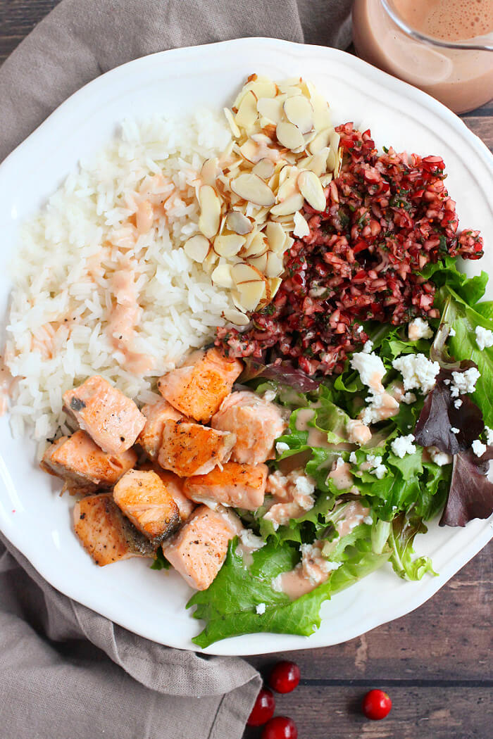 SALMON RICE BOWL WITH CRANBERRY SALSA AND ALMONDS