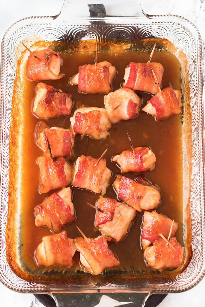 BACON WRAPPED CHICKEN BITES WITH BROWN SUGAR AND MUSTARD