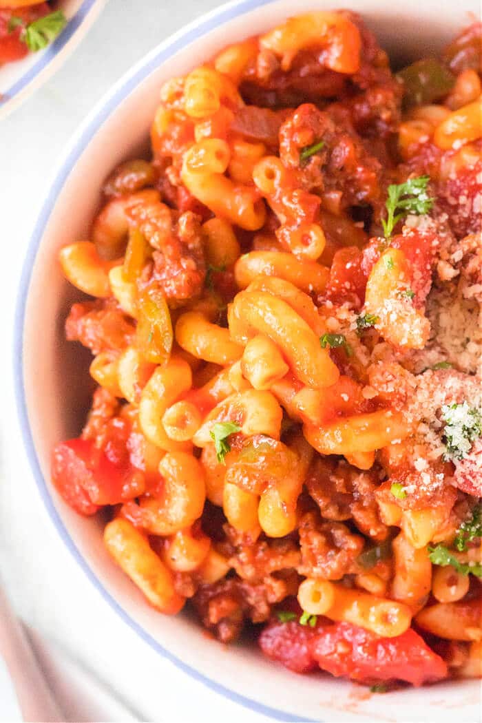 Goulash (American Chop Suey) is a classic comfort food made with macaroni, bell peppers, garlic, beef, Worcestershire, and diced tomatoes. AMERICAN CHOP SUEY