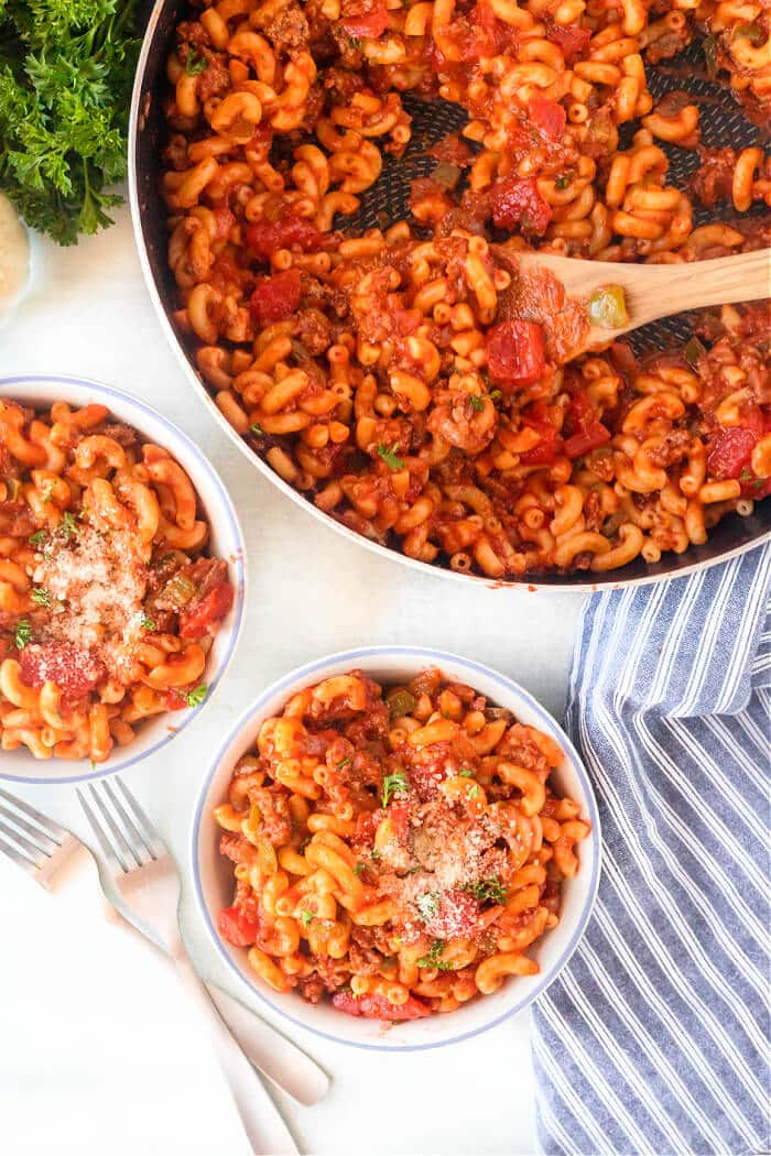 Goulash (American Chop Suey) is a classic comfort food made with macaroni, bell peppers, garlic, beef, Worcestershire, and diced tomatoes. AMERICAN GOULASH