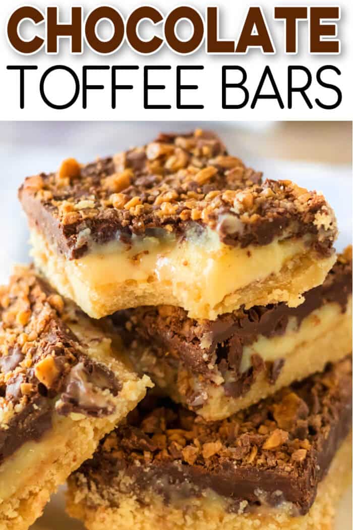 Chocolate toffee bars made with butter, brown sugar, sweetened condensed milk, chocolate chips & toffee are a delicious grab and go treat! BEST CHOCOLATE TOFFEE BARS