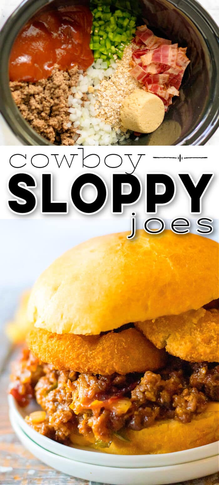 Cowboy sloppy joes are a fun spin on the original made with BBQ sauce, bacon, diced green peppers & onion served with crispy onion rings! BEST COWBOY SLOPPY JOES