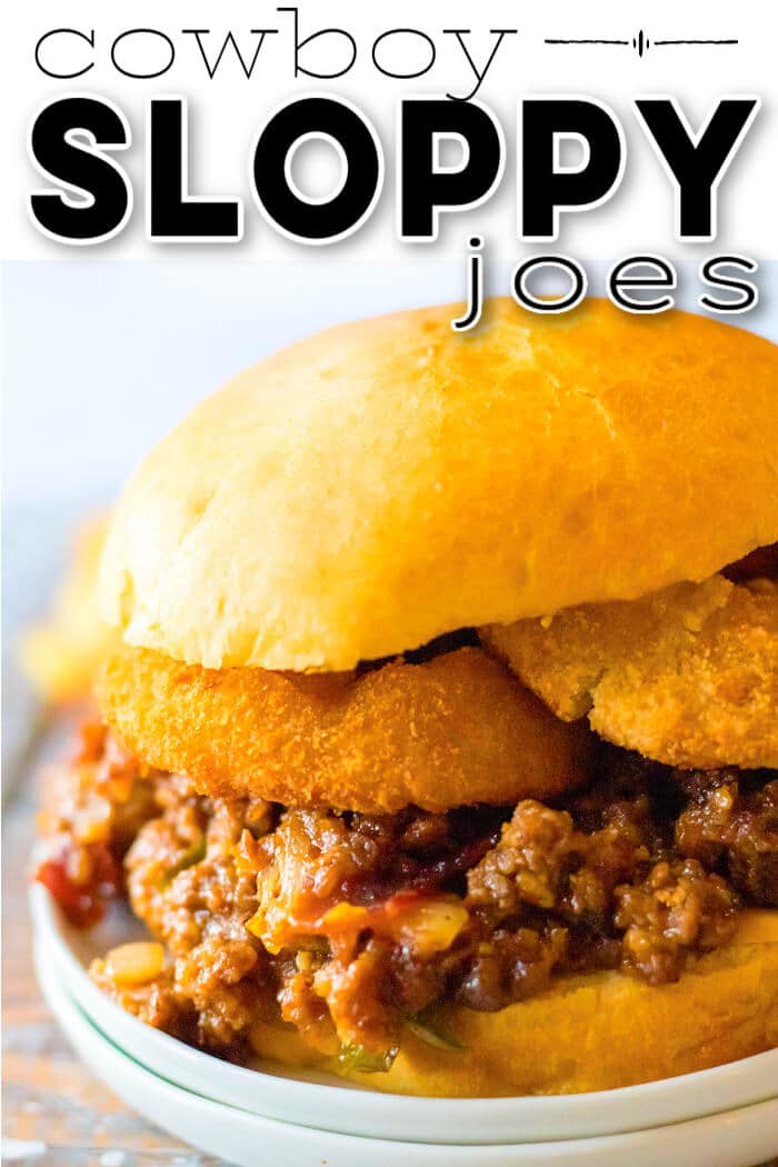 Cowboy sloppy joes are a fun spin on the original made with BBQ sauce, bacon, diced green peppers & onion served with crispy onion rings! EASY COWBOY SLOPPY JOES