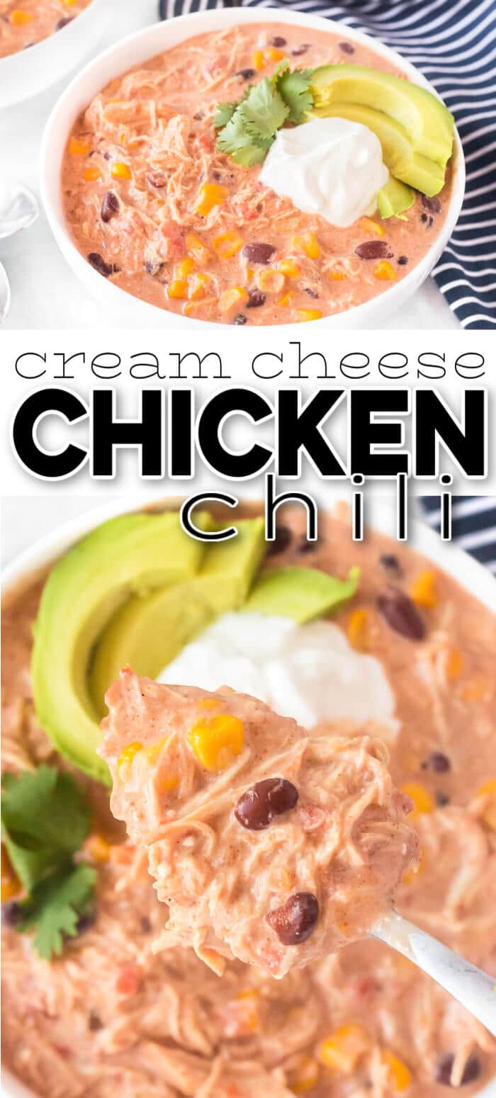 Cream cheese chicken chili is made with chicken, black beans, corn, tomatoes, ranch seasoning, chili seasoning and of course, cream cheese! EASY CREAM CHEESE CHICKEN CHILI