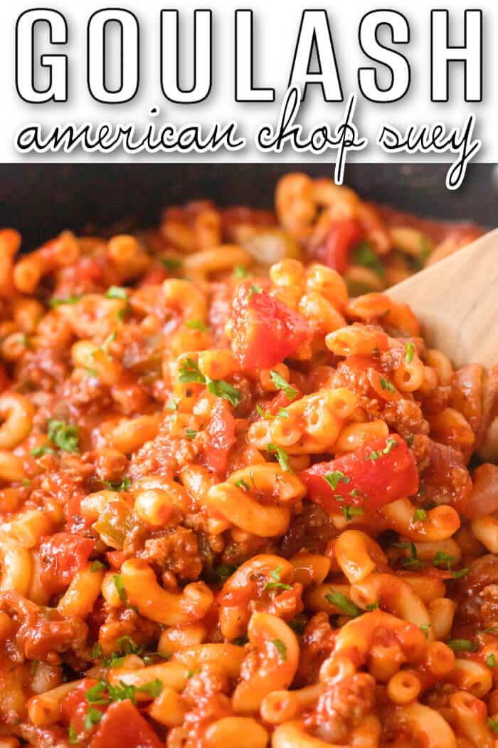 Goulash (American Chop Suey) is a classic comfort food made with macaroni, bell peppers, garlic, beef, Worcestershire, and diced tomatoes. EASY GOULASH