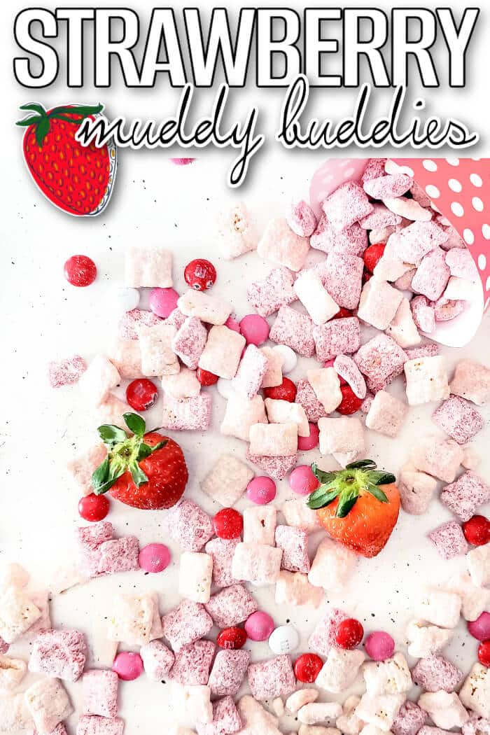 Strawberry muddy buddies are a delicious snack made with Chex, white and red chocolate melts, strawberry cake mix, powdered sugar and M&MS. EASY STRAWBERRY MUDDY BUDDIES