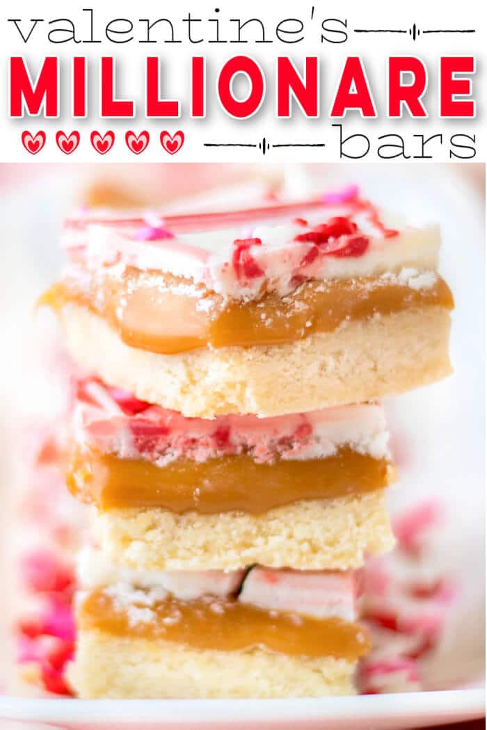 Valentine’s millionaire bars are a layered dessert made with shortbread, caramel, creamy chocolate and topped with Valentine sprinkles! EASY VALENTINE'S MILLIONAIRE BARS