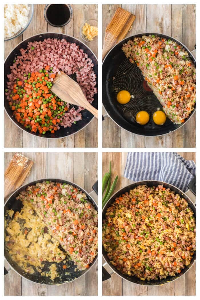Ham fried rice is a flavorful and simple dish made with ham, peas, carrots, seasoned rice, and eggs topped for an easy weeknight meal! HOW TO MAKE HAM FRIED RICE