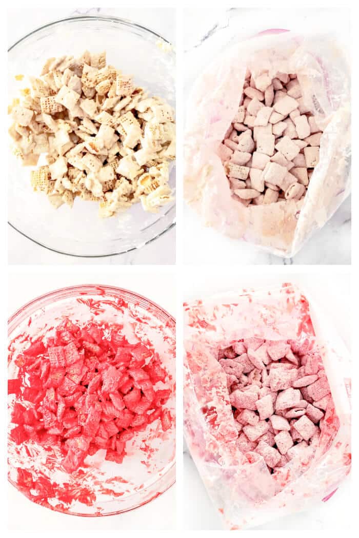 Strawberry muddy buddies are a delicious snack made with Chex, white and red chocolate melts, strawberry cake mix, powdered sugar and M&MS. HOW TO MAKE STRAWBERRY MUDDY BUDDIES
