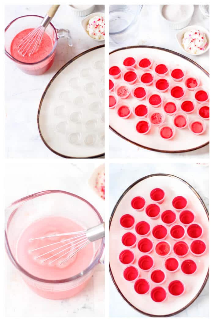 Valentine’s jello shots are a festive layered shot of raspberry and strawberry jello topped with whipped cream & sprinkles! HOW TO MAKE VALENTINE'S JELLO SHOTS