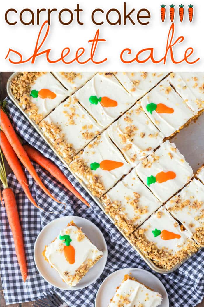 Carrot cake sheet cake is the perfect way to feed a crowd with a super moist homemade cake topped with cream cheese frosting and walnuts. EASY CARROT CAKE SHEET CAKE
