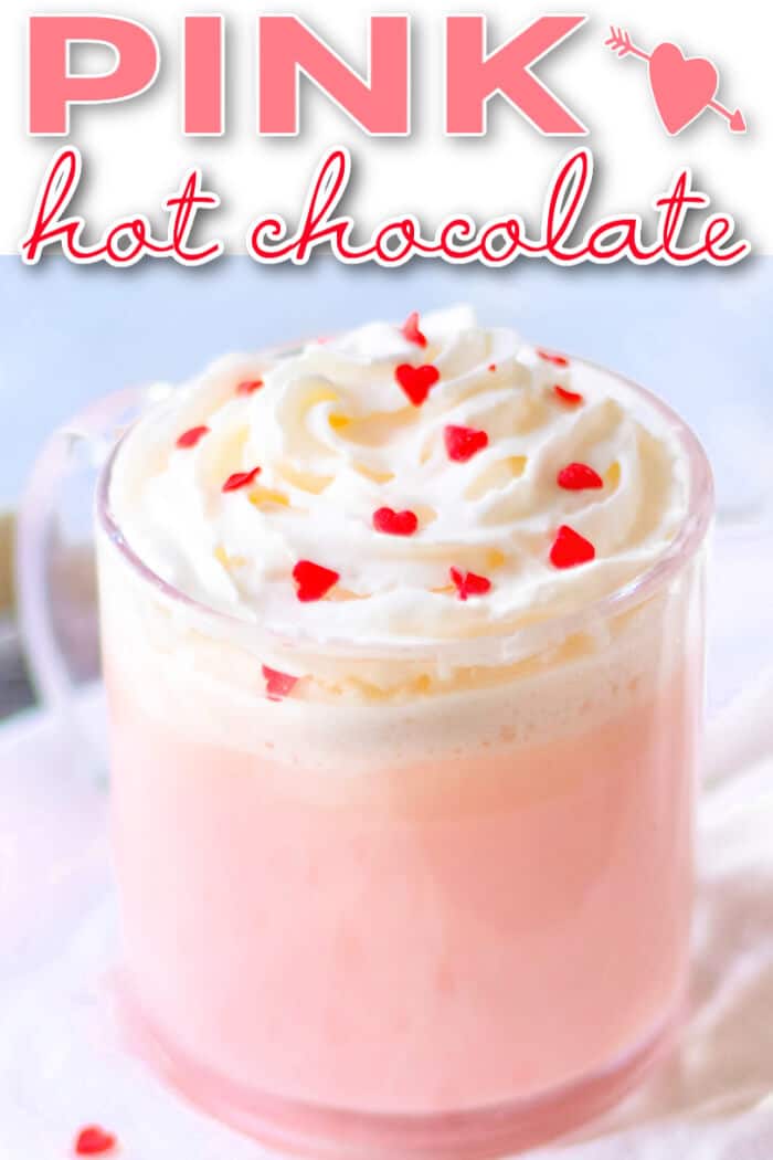 Pink hot chocolate is the perfect pink holiday or party treat; made with sweetened milk and white chocolate then topped with whipped cream! EASY PINK HOT CHOCOLATE