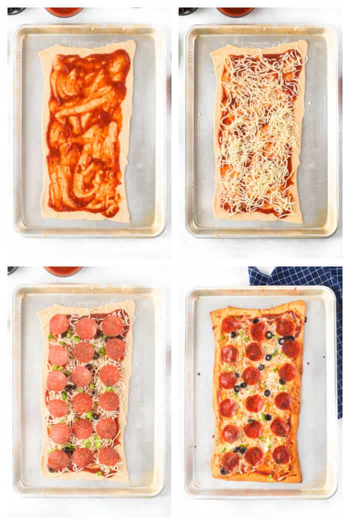 Crescent roll pizza is an easy shortcut for homemade pizza night, you just need crescent dough, sauce, cheese, and your favorite toppings! HOW TO MAKE A CRESCENT ROLL PIZZA