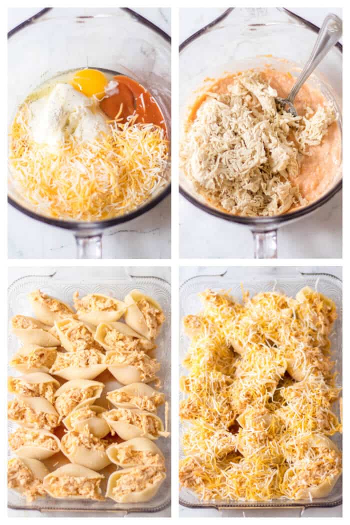 Buffalo chicken stuffed shells are jumbo pasta shells stuffed with cheesy chicken and wing sauce, it's the perfect fusion meal! HOW TO MAKE BUFFALO CHICKEN STUFFED SHELLS