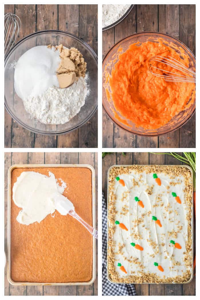 Carrot cake sheet cake is the perfect way to feed a crowd with a super moist homemade cake topped with cream cheese frosting and walnuts. HOW TO MAKE CARROT CAKE SHEET CAKE