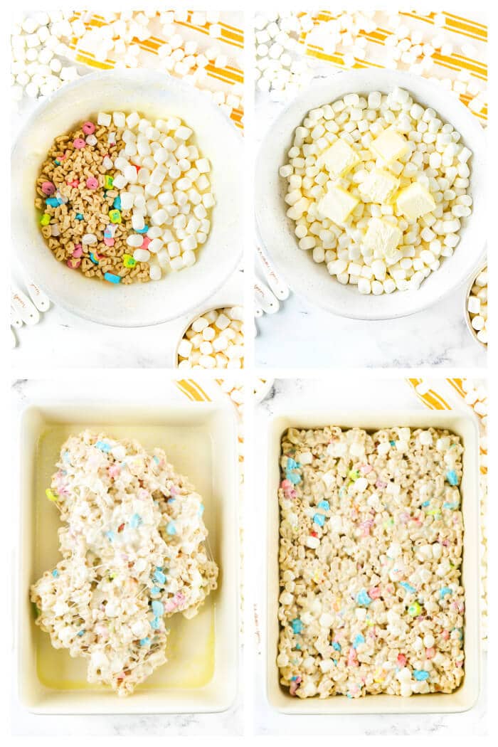 Lucky Charms rice krispie treats are a fun spin on the classic treats made with Lucky Charms cereal for a colorful and yummy dessert! HOW TO MAKE LUCKY CHARMS RICE KRISPIE TREATS