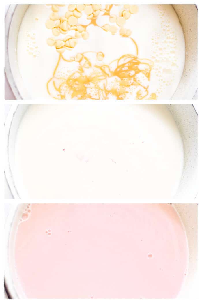 Pink hot chocolate is the perfect pink holiday or party treat; made with sweetened milk and white chocolate then topped with whipped cream! HOW TO MAKE PINK HOT CHOCOLATE