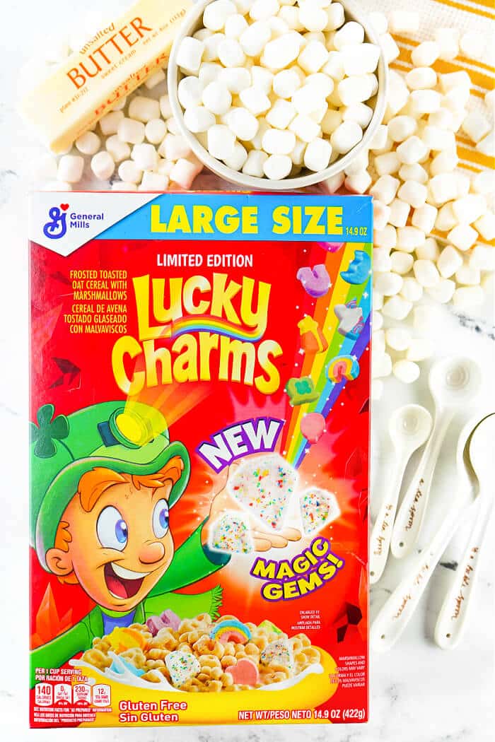 Lucky Charms rice krispie treats are a fun spin on the classic treats made with Lucky Charms cereal for a colorful and yummy dessert! LUCKY CHARMS RICE KRISPIE TREATS INGREDIENTS