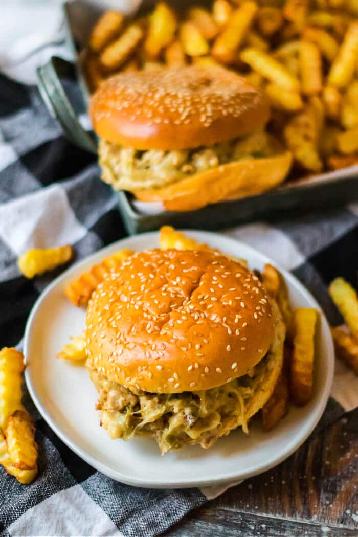 Cheesesteak sloppy joes are an easy meal made with ground beef or chicken, onion, green pepper, Worcestershire & creamy provolone cheese. PHILLY CHEESESTEAK SLOPPY JOES