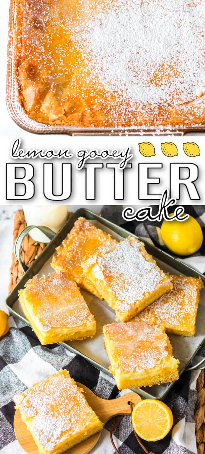 Lemon gooey butter cake is a sweet and tart treat made with lemon cake mix, cream cheese and powdered sugar! BEST LEMON GOOEY BUTTER CAKE
