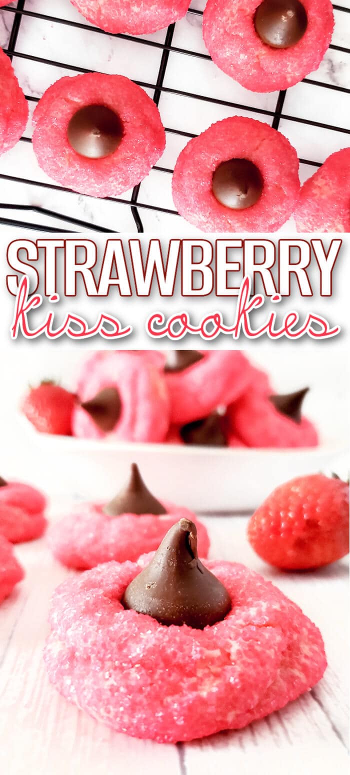 Strawberry kiss cookies are a fun spin on the original made with strawberry cake mix, cream cheese, sugar, and a delicious chocolate kiss! BEST STRAWBERRY KISS COOKIES