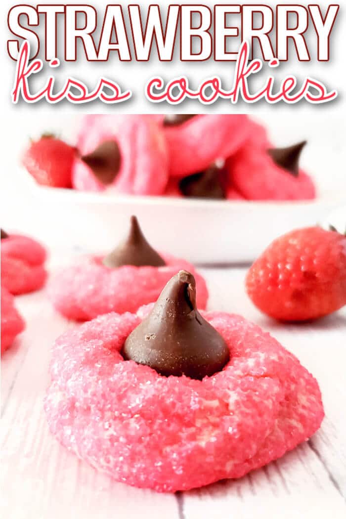 Strawberry kiss cookies are a fun spin on the original made with strawberry cake mix, cream cheese, sugar, and a delicious chocolate kiss! EASY STRAWBERRY KISS COOKIES