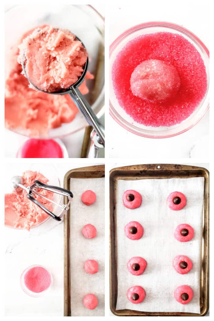 Strawberry kiss cookies are a fun spin on the original made with strawberry cake mix, cream cheese, sugar, and a delicious chocolate kiss! HOW TO MAKE STRAWBERRY HERSHEY KISS COOKIES