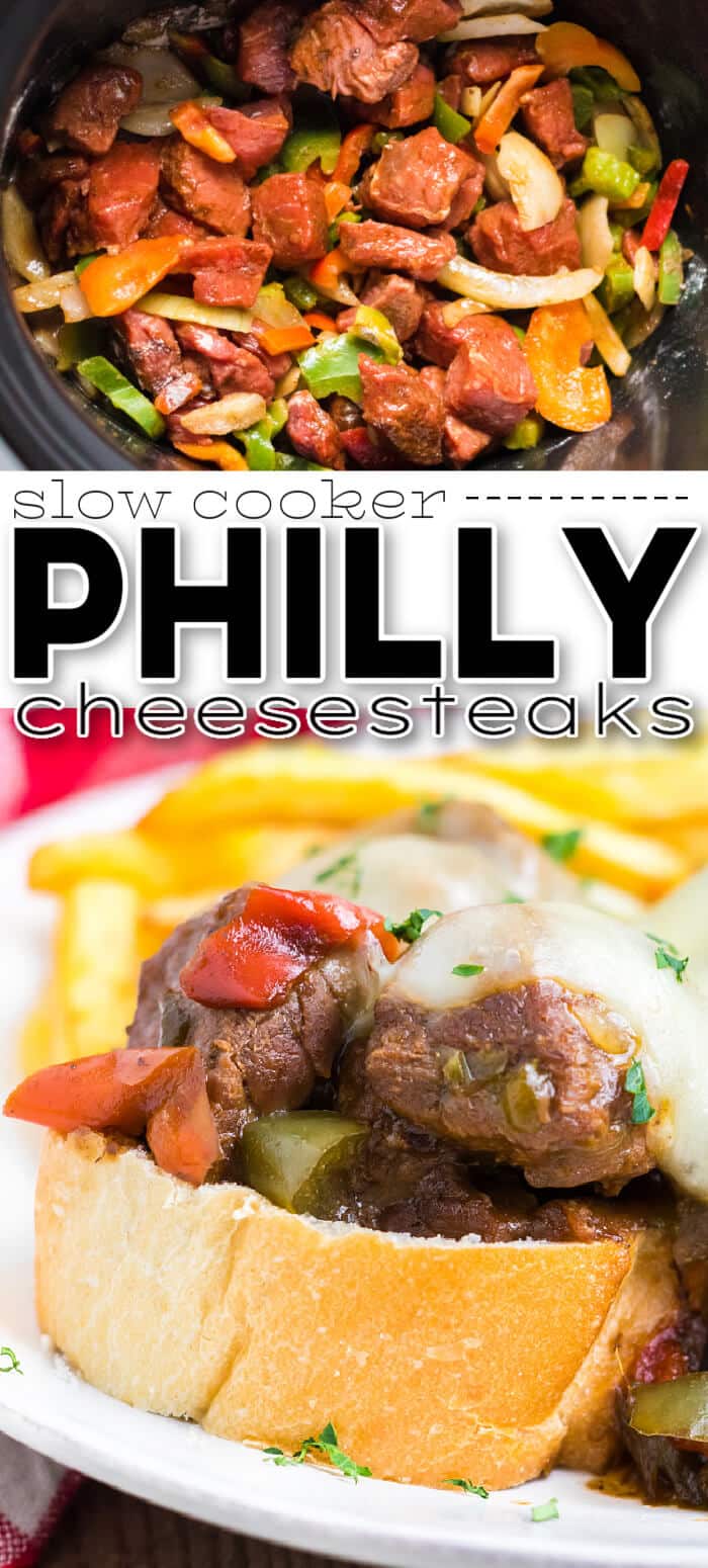 Slow cooker Philly cheesesteaks are a simple and delicious dump and go meal made with beef, peppers, onions, au jus mix, & provolone cheese. BEST SLOW COOKER PHILLY CHEESESTEAKS