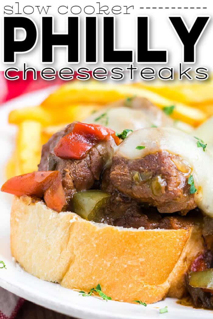 Slow cooker Philly cheesesteaks are a simple and delicious dump and go meal made with beef, peppers, onions, au jus mix, & provolone cheese. EASY SLOW COOKER PHILLY CHEESESTEAKS
