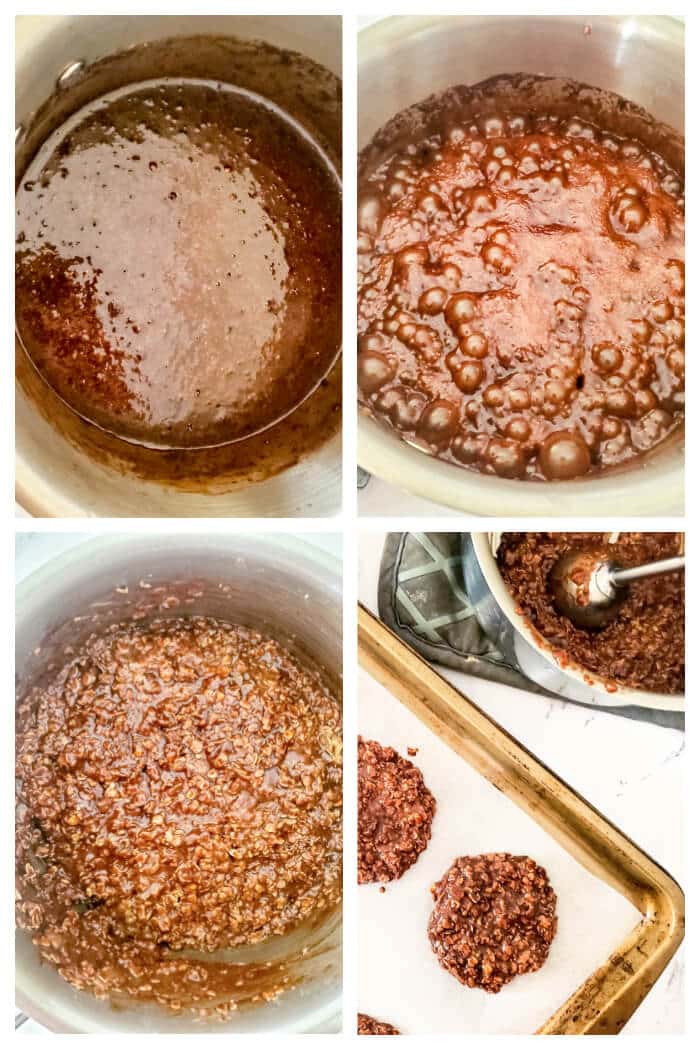 No bake cookies are a quick and easy recipe for a delicious cookie made with cocoa powder, milk, vanilla, peanut butter and quick oats! HOW TO MAKE NO BAKE COOKIES