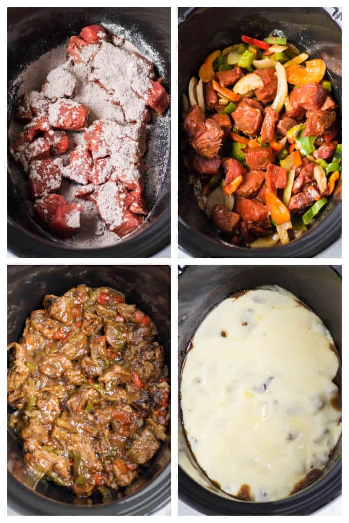 Slow cooker Philly cheesesteaks are a simple and delicious dump and go meal made with beef, peppers, onions, au jus mix, & provolone cheese. HOW TO MAKE SLOW COOKER PHILLY CHEESESTEAKS