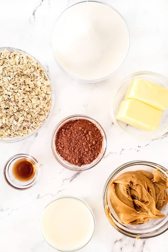 No bake cookies are a quick and easy recipe for a delicious cookie made with cocoa powder, milk, vanilla, peanut butter and quick oats! NO BAKE COOKIES INGREDIENTS