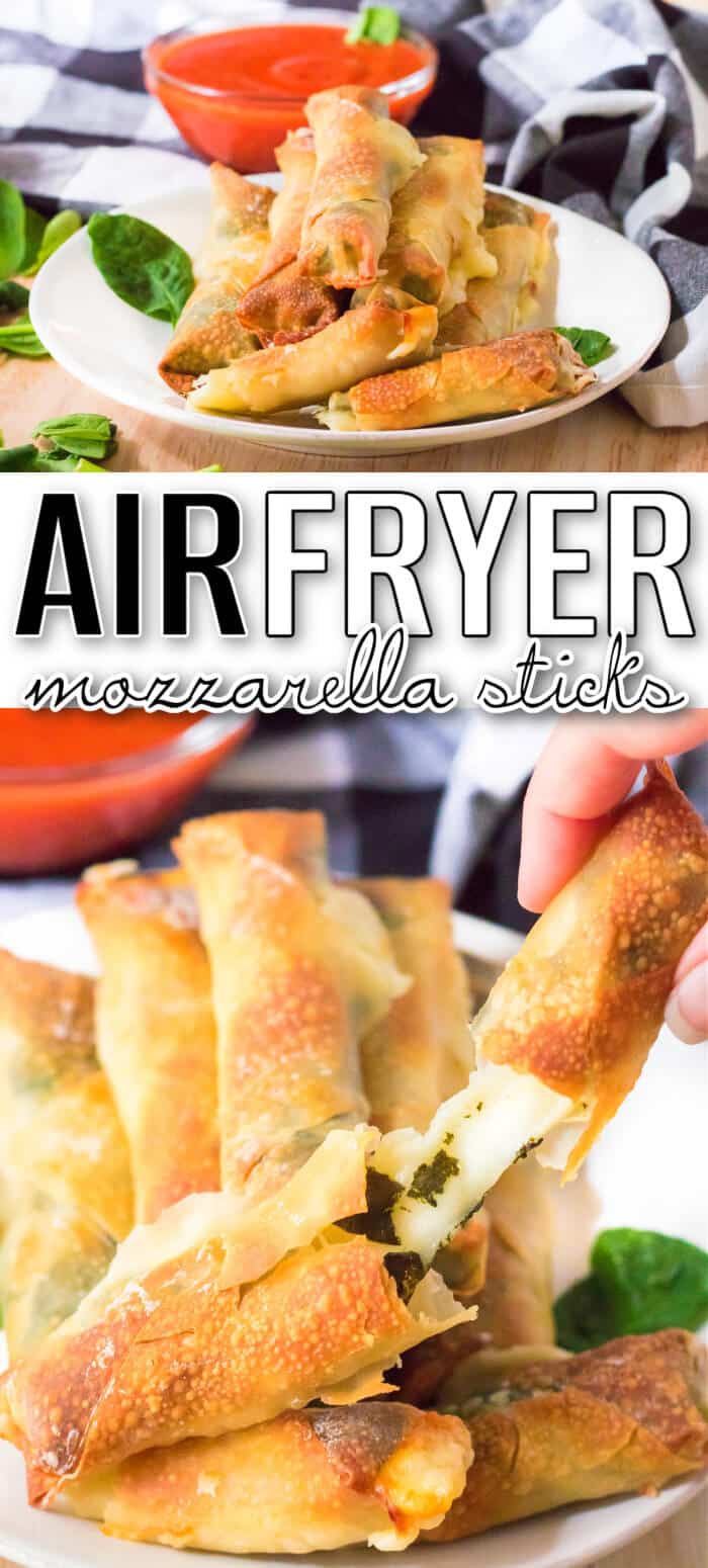 Air fryer spinach mozzarella sticks are an easy recipe made with egg roll wrappers, string cheese and baby spinach for crispy cheese sticks! BEST AIR FRYER MOZZARELLA STICKS RECIPE