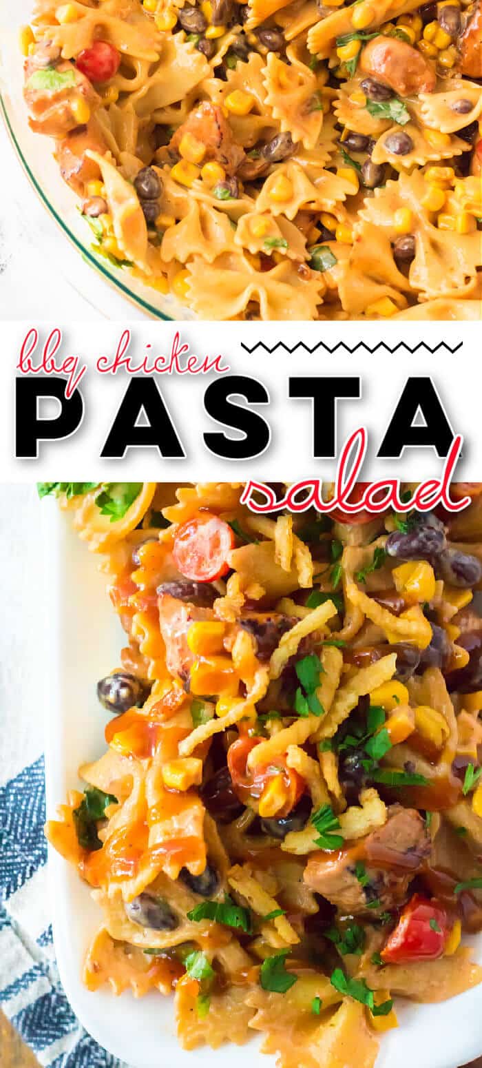 BBQ chicken pasta salad is the perfect side dish for any cookout made with BBQ chicken, ranch, tomatoes, corn, black beans & cilantro! BEST BBQ CHICKEN PASTA SALAD