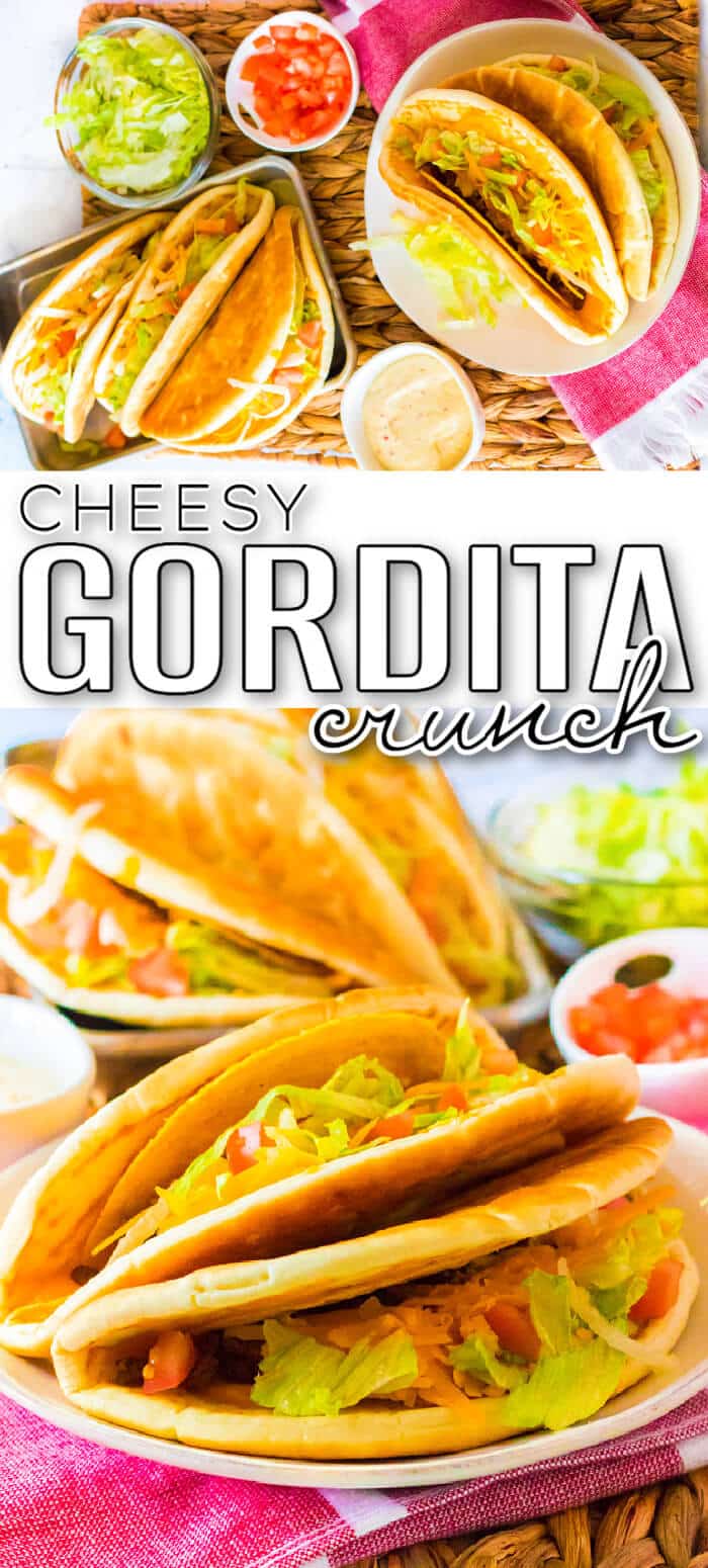 Cheesy Gordita crunch is a crunchy taco with a hard shell wrapped in a pita stuffed with beef, spicy ranch, lettuce, tomato, & more cheese! BEST CHEESY GORDITA CRUNCH