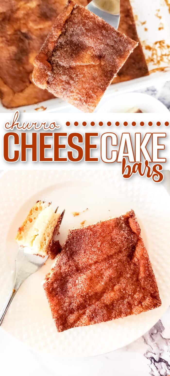 Churro cheesecake bars are a delicious homemade cheesecake layered between crescent rolls and topped with a burst of cinnamon sugar flavor! BEST CHURRO CHEESECAKE BARS