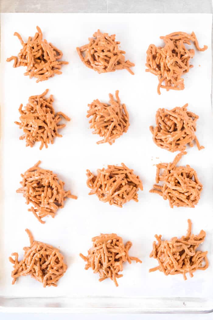Haystacks are an easy treat made with chow mein noodles, butterscotch and peanut butter to create the cutest little stacks of delicious hay! BUTTERSCOTCH HAYSTACKS